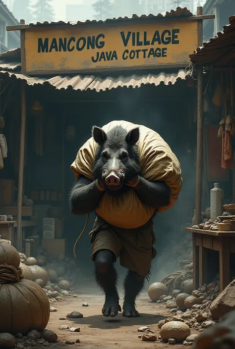  Make a boar-headed man carry a sack looking for the wreckage,  in front of a stall named "Mancong Village Java Cottage"