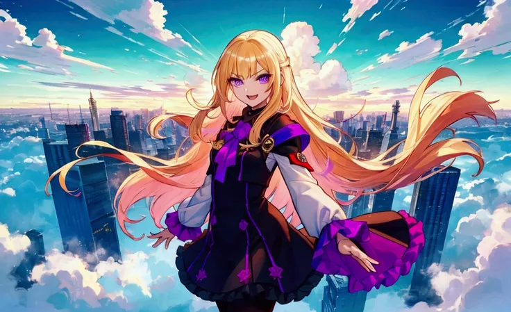  character（Young lady、Mean face、 red eyeliner that makes a striking impression、 Purple Eyes,  has long eyelashes、smile、 open your mouth and laugh）、Hairstyle（ long hair,  blonde hair ）、clothing（  fashion illustration, wearing black tights 、white and purple ...