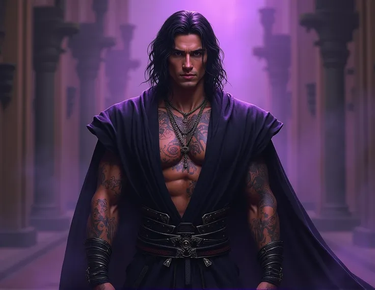 muscular young man with black hair, handsome, He has a purple color and another orange color , His body is all tattooed and wears a black medieval costume with a shirt