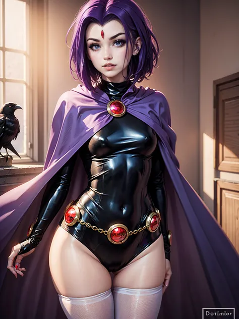 illustration of Raven of DC Comics, 1girl, raven, turtleneck, black leotard, black cape, purple hair, forehead jewel, purple eyes, short hair, belt, skin tight, standing, cleavage, light grey skin, torso, upper body, in Anime Tarot Card Art Style, shading,...