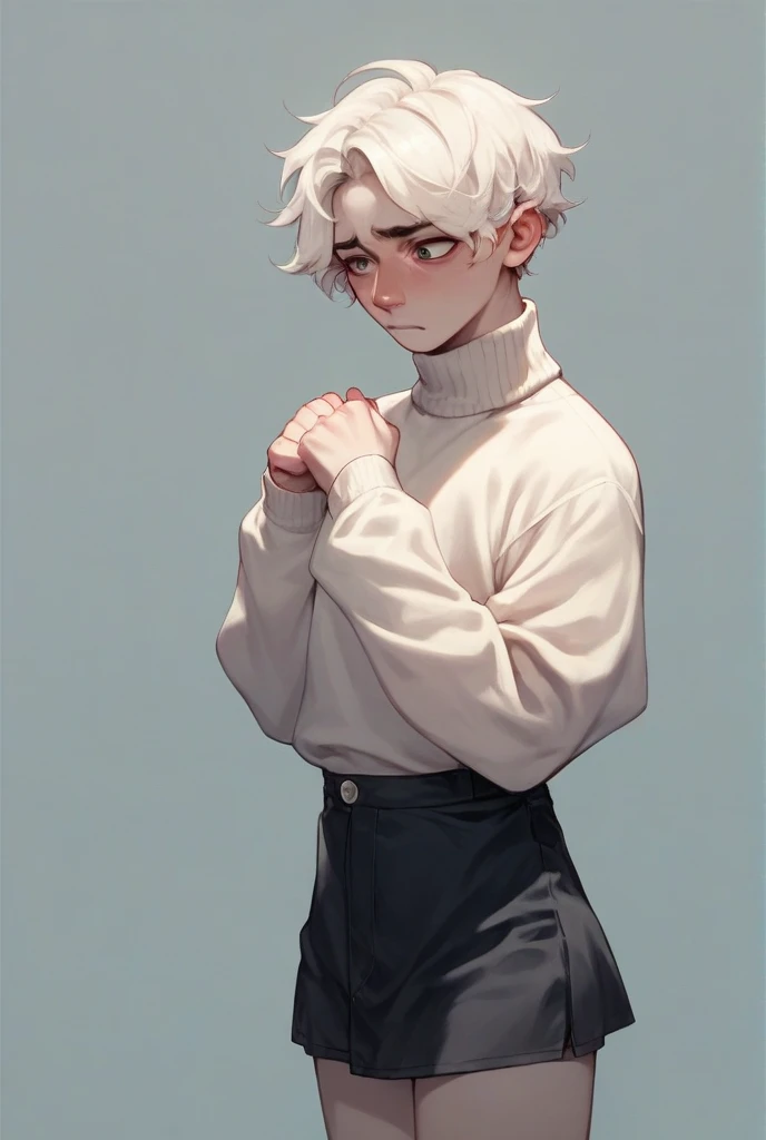 Riku is an androgynous-looking boy, with platinum short hair and pale skin, considerably short. He seems very shy and calm. He wears a short black skirt and a loosen beige turtleneck sweater. He is weak and shy, but affectionate.