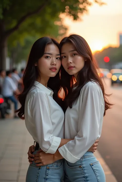 " A beauty young woman and man 20 years old sundanese and Korean featured , young woman rambut hitam oanjang berkilau, white blouse and light jeans pants.  She is holding tangan sang pria muda,  her face with an elegant and serene expression ,  a man rambu...