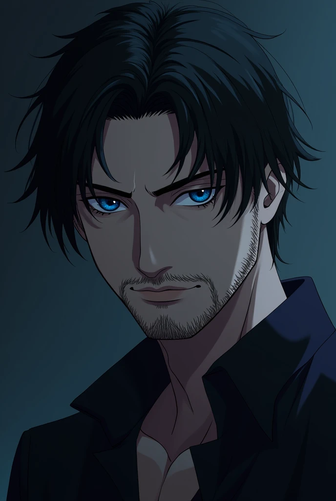 man,ทรงผมmiddle part,Stubble beard Medium,Black hair, blue eyes ,Very handsome , vertical view of the whole head, Anime,Jaw January,So cool,Dark beard, Gothic 