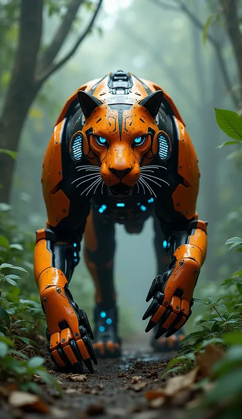 A futuristic armored vehicle modeled after a tiger, with a sleek and agile design. Its body is a blend of orange and black metal plates with glowing blue accents, designed for speed and stealth. Equipped with retractable claws on mechanical limbs and laser...