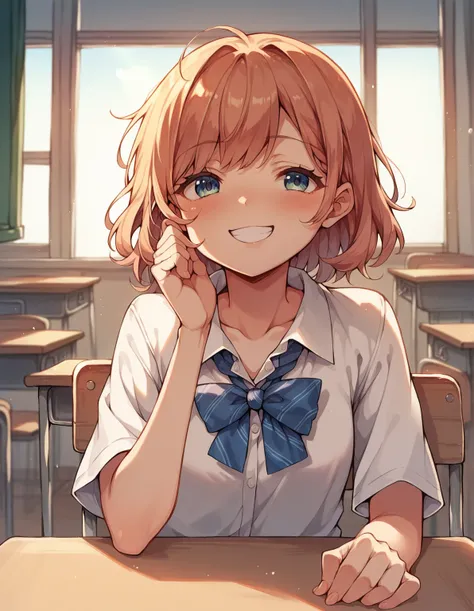 cute, cheerful, medium-length hair, Japanese school uniform, bright smile, kind, class representative, classroom, sunlight, confident, approachable, slightly clumsy, anime-style