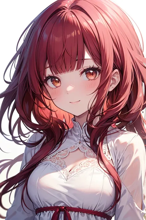 Masterpiece, ((1 girl)), ((Best Quality)), (Ultra-detailed), Highly detailed, (Portrait), ((Medium breasts)), ((Long Hair, Red hair, Brown eyes, Blunt bangs, Sweep bangs)), ((17-years-old)), ((White Skin)), (Noble Dress)), (Beautiful scenery), Daytime, (de...