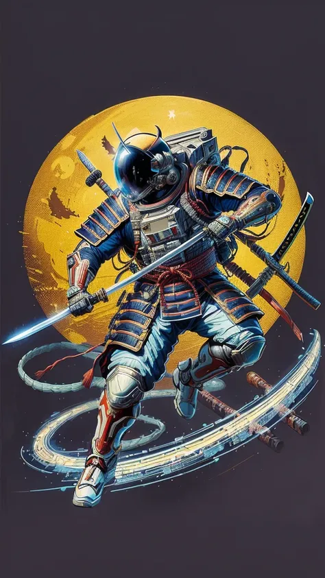 illustration of an astronaut in a space suit with a sword, Samurai moon bull ,  inspired by Kanō Hōgai , en el estilo de la obra de arte  by Dan Mumford , inspired by Noriyoshi Ohrai, Samurai cyborg, pintura  by Dan Mumford , en el estilo artístico  by Dan...