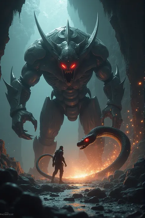 A snake slithers through a dark cave, facing off against a mechanical beast with glowing red eyes. Sparks fly as their gazes meet.