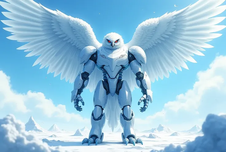 4K, japanese 2D anime. A giant humanoid boy character inspired by a owl, with wings and feathers made entirely of ice. This character blends the elegance of human physical beauty with the precision and strength of mechanical design. Its torso and arms are ...