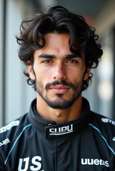 An Uruguayan Formula One ,  with wavy black hair and a short beard. At the age of approximately 25 and who are facing a photo.