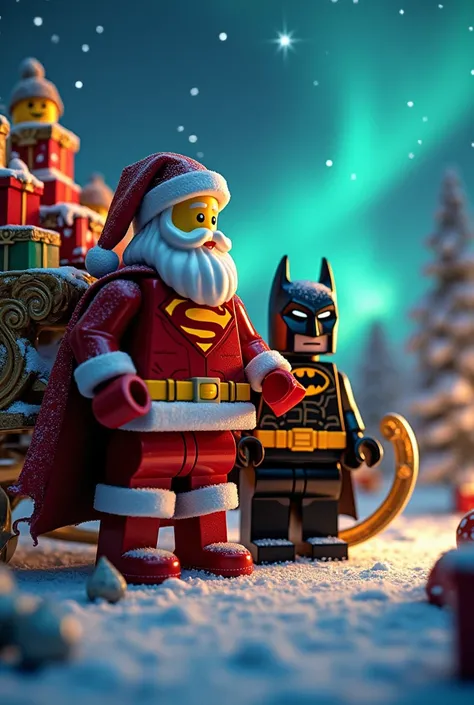 Superman and Batman in lego art, nightSanta Claus stands beside his majestic sleigh, its polished golden runners shimmering in the soft glow of the North Poles aurora, surrounded by cheerful elves dressed in vibrant, festive attire. Piles of exquisitely wr...