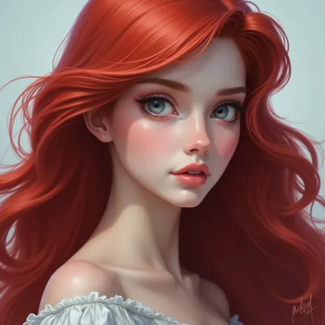 Ariel, woman with long red hair like ruby ,  Eyes gray like the sea and skin as white as snow in winter.  As if it were a porcelain doll  