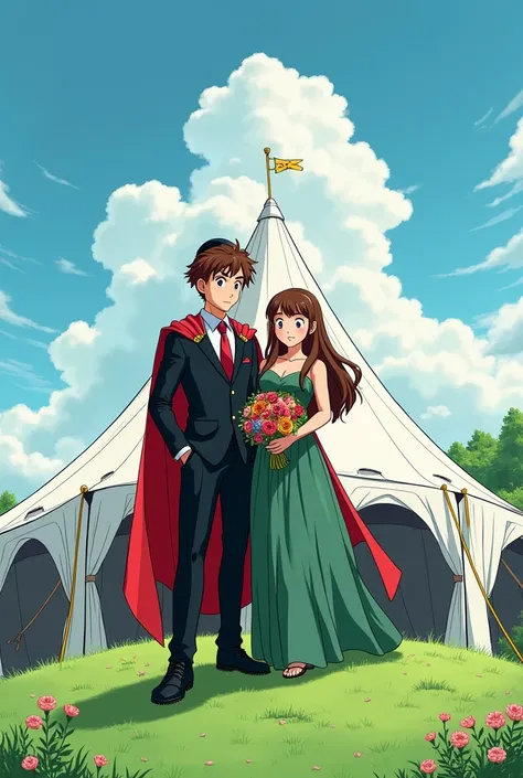  A young Jewish Saiyan with brown hair without a beard wearing an all-black suit,  black dress shirt with red tie and a black kippah , wearing a red cape and his bride ,  a girl with long brown hair and a green dress ,  at their wedding on a green outdoor ...