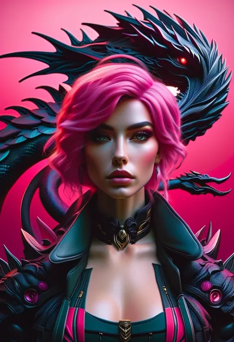 Cyberpunk l close up pink haired female with a black dragon next to her, portrait, clear sharp focus, featuring a dark and eerie atmosphere hyper realistic, 8K professional photography art, photorealistic masterpiece: by aaron horkey and jeremy mann: intri...