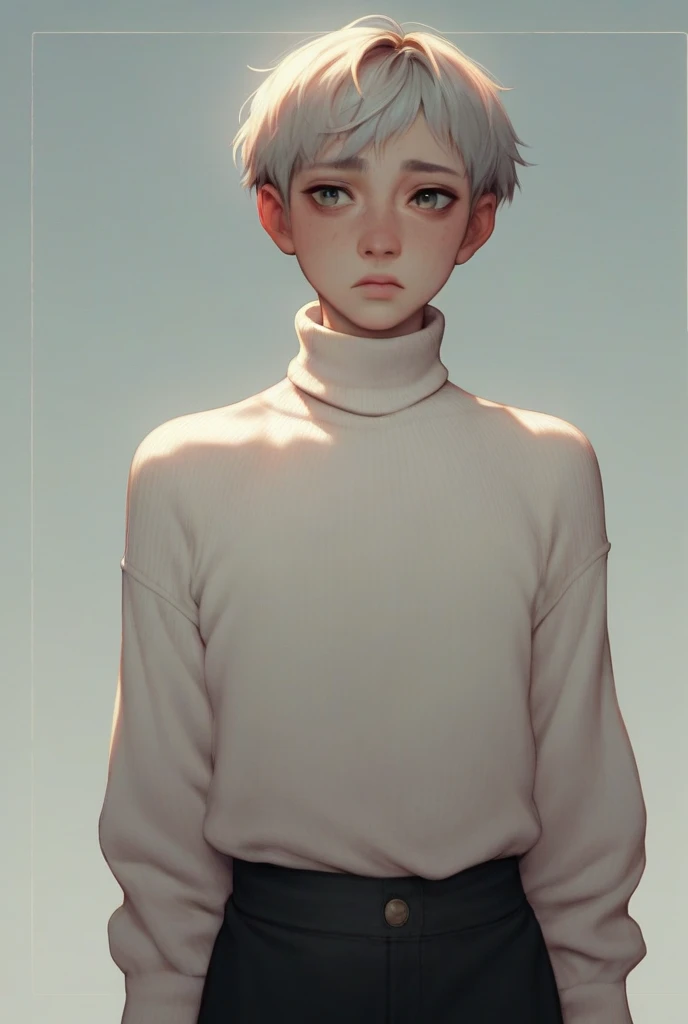 An androgynous boy with a shy and calm demeanor. He has platinum short hair that softly frames his pale face, and his skin is very light. He is shorter than average and is wearing a loose beige turtleneck sweater and a short black skirt, giving him a delic...