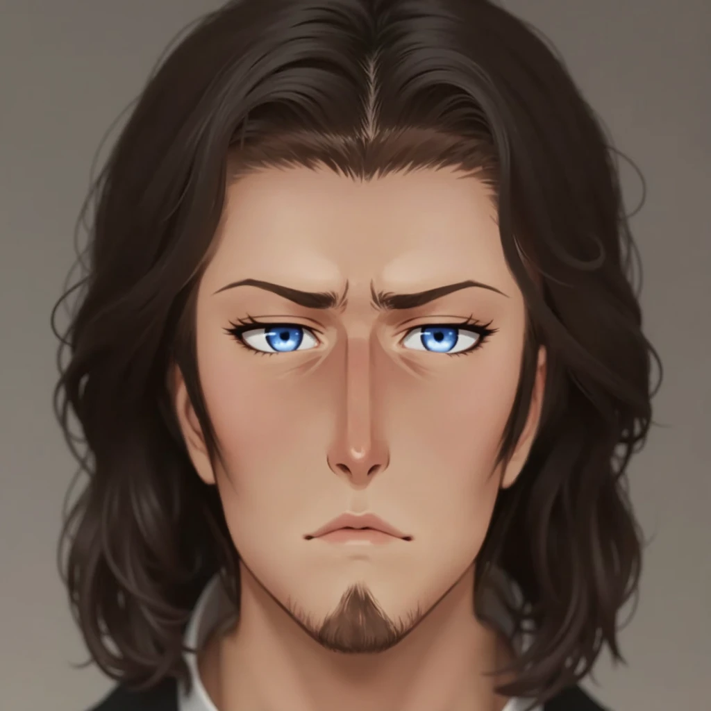 There is a man (mature and normal  ) 26 years old ,  with long hair and white suit  , asistente hiper  realistic  , sujeto hiper  realistic  , Chico anime joven  realistic  ,  anime style realism  , estilo de arte anime  realistic  , estilo de arte de anim...