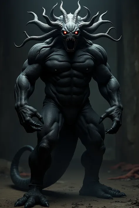 Athletic male humanoid monster, completely black without a mouth , long hair made of tentacles , red eyes and no mouth