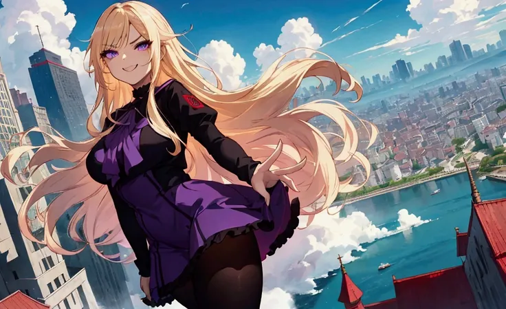  character（Young lady、Mean face、 red eyeliner that makes a striking impression、 Purple Eyes,  has long eyelashes、smile、 open your mouth and laugh）、Hairstyle（ long hair,  blonde hair ）、clothing（  fashion illustration, wearing black tights 、white and purple ...