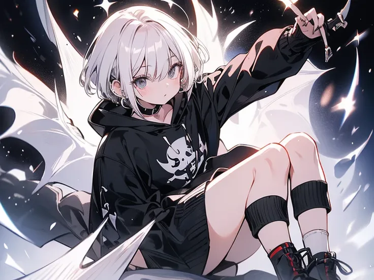 White-Haired Woman 、 short hair、 black eyes、Earrings、 hoodie that uses a dragon、 zitoida、 knee-high socks that let a lot of light into black eyes、Swordsman