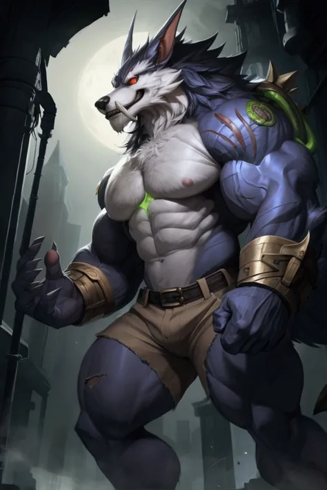 Alone, 1 lobo, eyes,  big wolf tail , eyes, 5 fingers,  nails black claws, golden bracelets ,  FULL BODY SHOWING , (warwick lol), bodybuilder,  detailed muscles ,  defined muscles , Thick muscles,  defined abdomen ,  large upper muscles, very large chest ,...