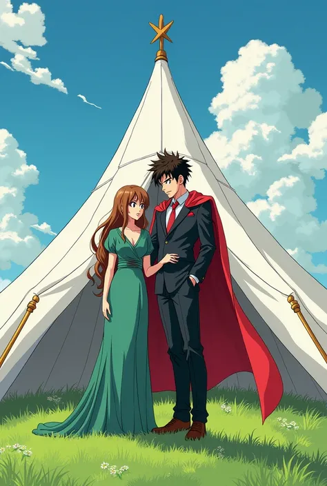  A young Jewish Saiyan with brown hair without a beard wearing an all-black suit,  black dress shirt with red tie and a black kippah , wearing a red cape and his bride ,  a girl with long brown hair and a green dress ,  at their wedding on a green outdoor ...