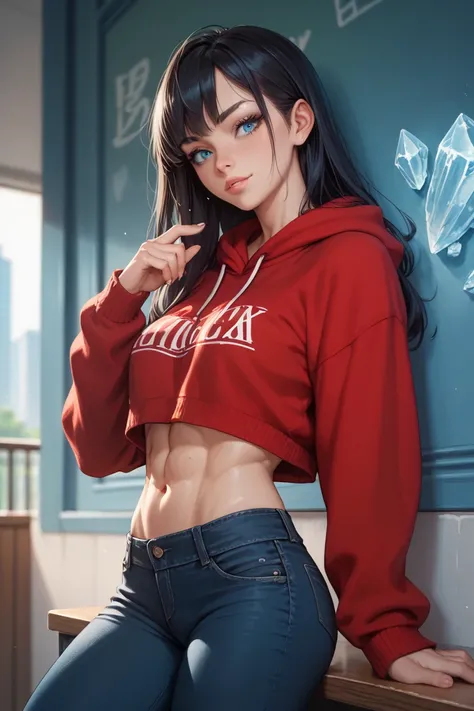 Anime girl, black hair, ice blue eyes, pale skin, a red knitted sweatshirt, black skinny jeans, school, toned body, hot, sexy