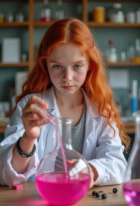 Photograph, Pre teen ginger girl with long hair and freckles is mixing pink liquids in a lab, wearing a tank top and labcoat