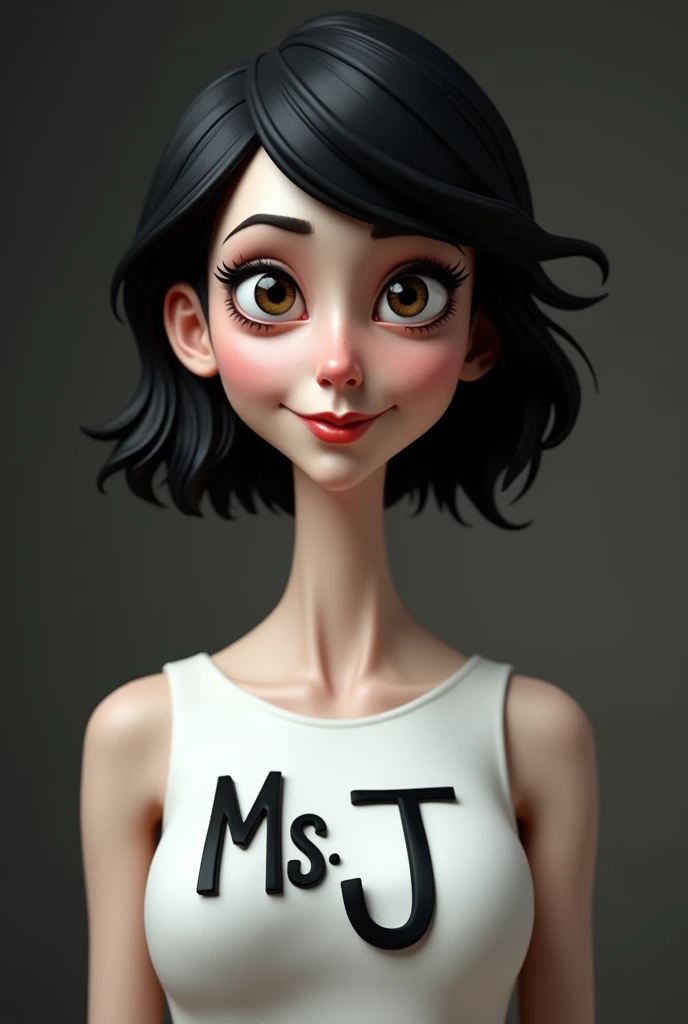 3D caricature image of a woman wearing a white dress with the name Ms J written across the front of her dress. has a cursed look, short black hair, fair skin. Looking at viewer, Wide Shot, 