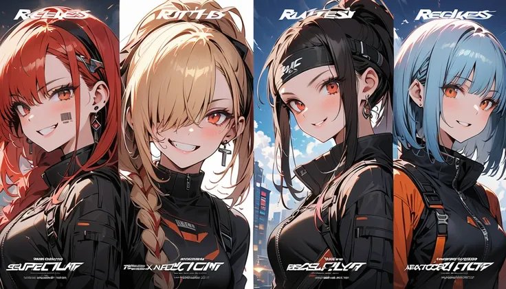 (4 split screen ,created on page 4 ,game),( beautiful girl : 1.3), girls ,(protective clothing,headband, earrings, Assault Rifle),Blonde, black hair,Brown Hair, Silver Hair, red hair,Blue Hair, ponytail, bob cut, straight long hair, short hair, braids , ha...