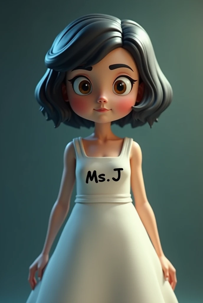 3D cartoon image of a woman wearing a white dress with the name Ms J written across the front of her dress. has a cursed look, short hair, fair skin. Looking at viewer, Wide Shot, 