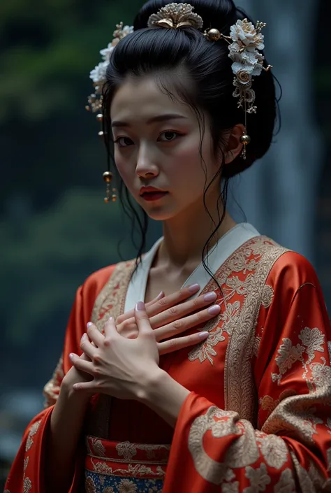 8k, high definition, HQ, UHD, (Photorealistic: 1.4), Masterpiece, High-detailed realistic photo of (Geisha Girl: 1.4), 27 years old, (Nude: 1.3), (Wet: 1.3, Embracing her chest), (In the river, waterfall, forest), Slender figure with irezumi tattoo, Facing...