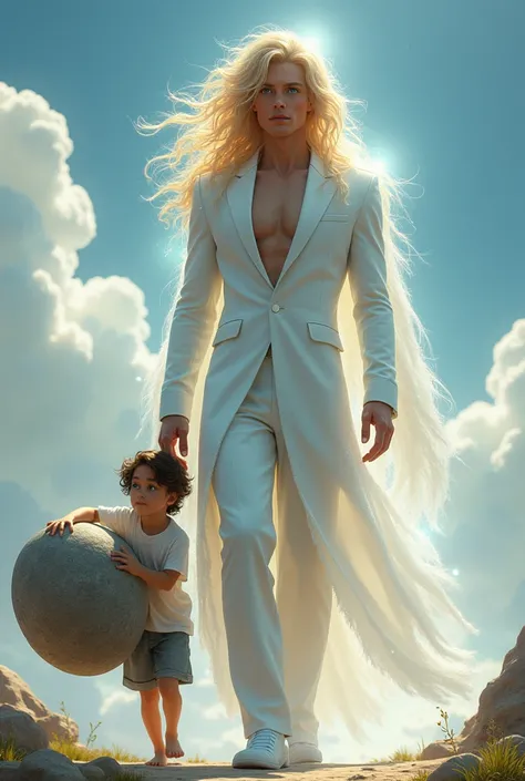 A giant invisible handsome young muscular man, looking like an angel well dressed in white suit, long gold sparkling curly hair, blue eyes, red lips, helping a very little teenage boy in carrying a big and heavy rock as they are both walking together 