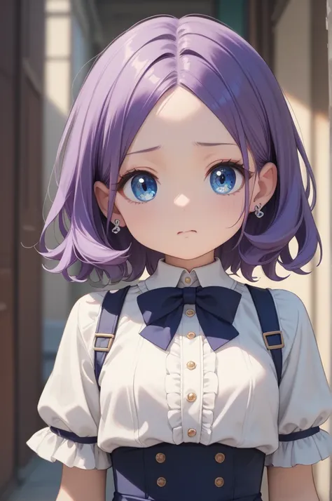   Masterpiece ,( top quality:1.4)，1 girl,( face details:Pretty face)、"A cute chibi character, 2-head tall"、、(Purple Hair、Odeco comes out :1.2、Parted bangs, medium hair )、(Clothing details: tight blouse ,） ,( very detailed eyes and face ，, blue eyes、), is s...