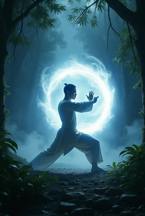 A man martial art training in the dark night in the jungle surround by white aura
