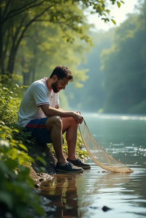 Messi is sitting on the bank of the river and catching fish with a net