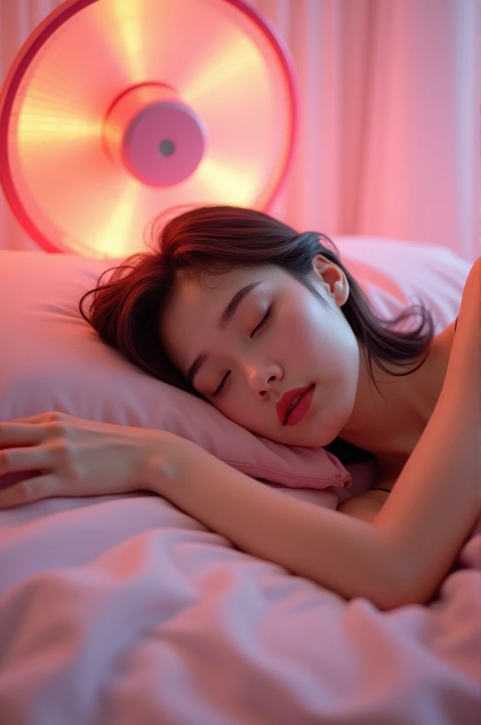 Women sleep with fan pink