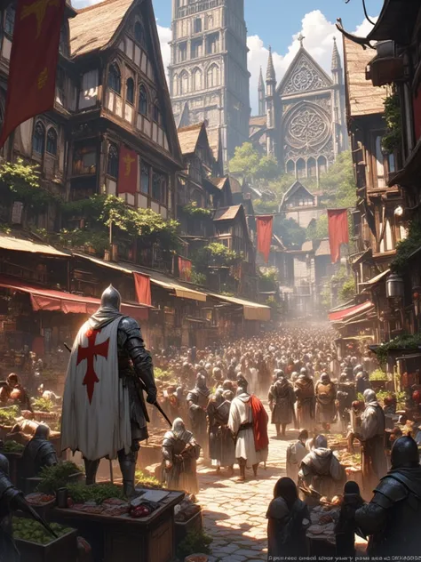 European medieval city, Knight templar, city market, bustling with people