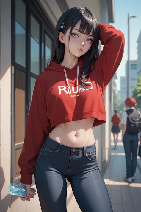 Anime girl, black hair, ice blue eyes, pale skin, a red knitted sweatshirt, black skinny jeans, school, hot