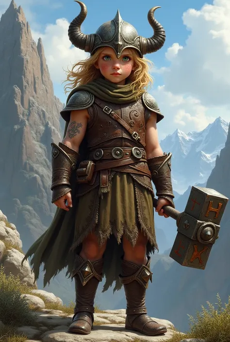 Create Baldurs Gate style a handsome young boy with freckles with voluminous medium wavy blonde hair with green eyes with shapely legs wearing a metallic barbarian helmet with tips and horns wearing a brown barbarian vest with details holding a combat hamm...