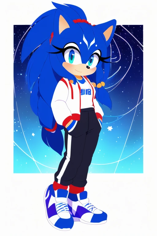 Sonic oc, Mobian, female, Cosmic hedgehog, A beautiful light blue hedgehog, purplish blue eyes, very long hair/quills, braided and beaded long hair bangs, long streaks of hair on each side of her face, (star constellation on hair), beads on hair,  ponytail...