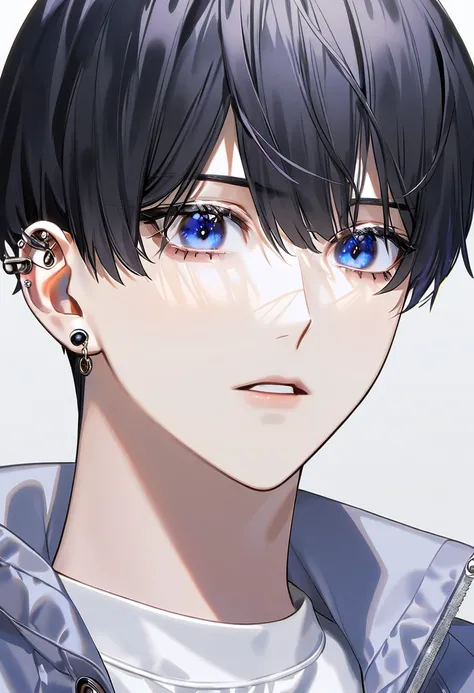 male, student,Short cut,Black hair, blue eyes , with bangs , good-looking,Korean fashion, Korean,한국 student, high resolution, naturally , Very delicate face , ear-piercing , blunt,Cool 