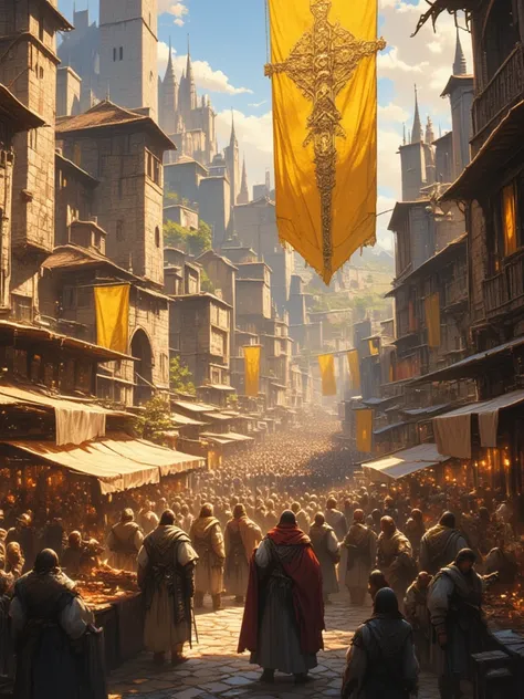 European medieval kingdom, Christian, city market, bustling with people, golden flag