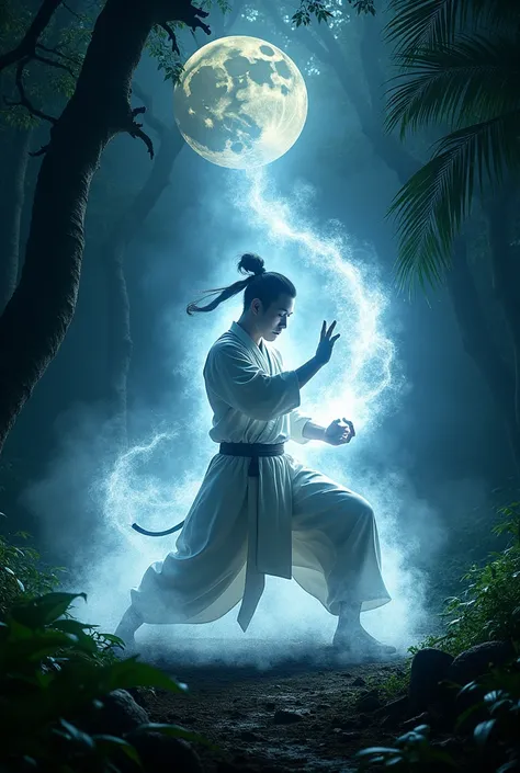 A man martial art training in the dark night in the jungle surround by white aura
