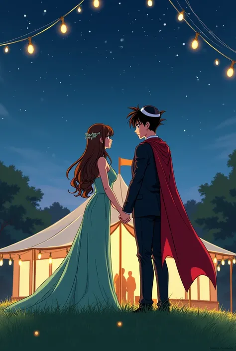  A young Jewish Saiyan with brown hair without a beard wearing an all-black suit,  black dress shirt with red tie and a black kippah , wearing a red cape and his bride ,  a girl with long brown hair and a green dress ,  at their wedding on a green outdoor ...