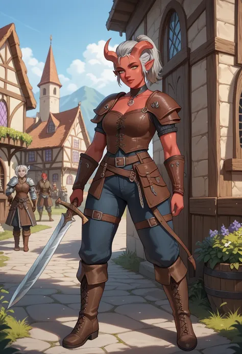 1girl, tiefling, red skin, fantasy, ranger, daggers, rugged leather attire, short hair, gray hair, ponytail, brown boots, stoic, confident, tomboy,  medieval fantasy, dungeons and dragons, village, masterpiece, highest quality, close up