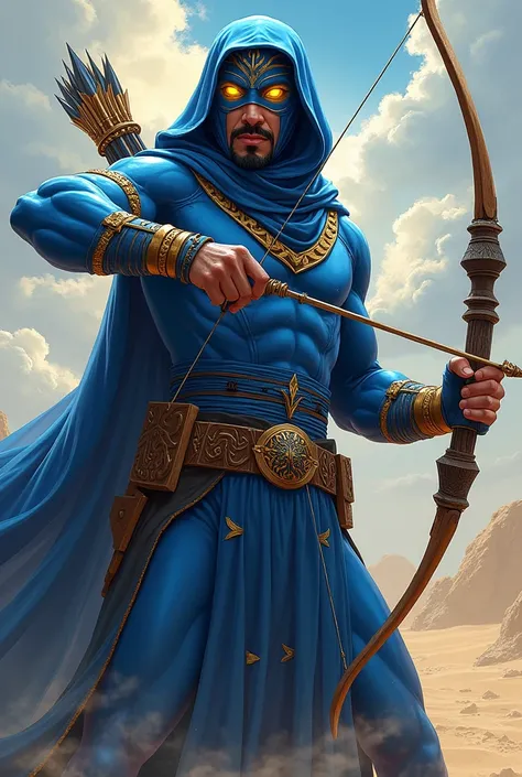 A superhero have using a Arrow.He look like a saudi Arabia costume with colour blue.And he face have a mask but only he eye and he eye colour is yellow .He face look like a arabian and he was male