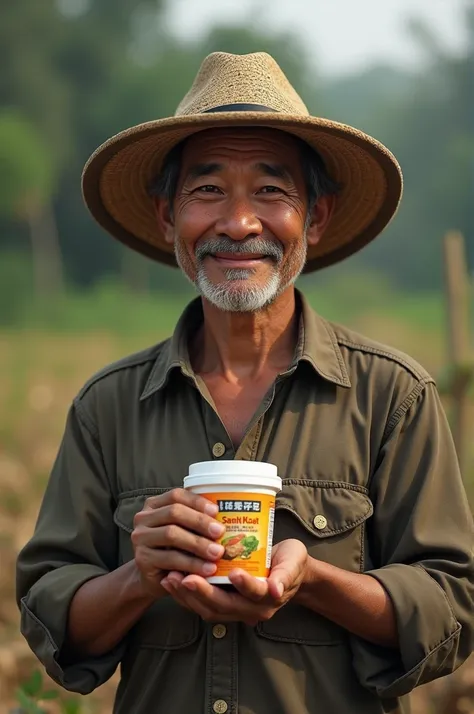 indonesia man smile holding a small    plastic Cream  cap in a names "     Sabun Kuat   "  in a rural area, r, 8k portrait render, artwork in  a show romm, ross tran and wlop, cinematic hyperc realistic portrait,   Oily style, 3d character realistic