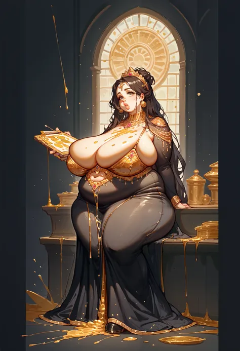 (best quality, masterpiece:1.2), fashion photography, black and gold, nerd woman woman with golden paint dripping all over her body, full lips, , massive sagging breasts and chubby bellyfull body photography