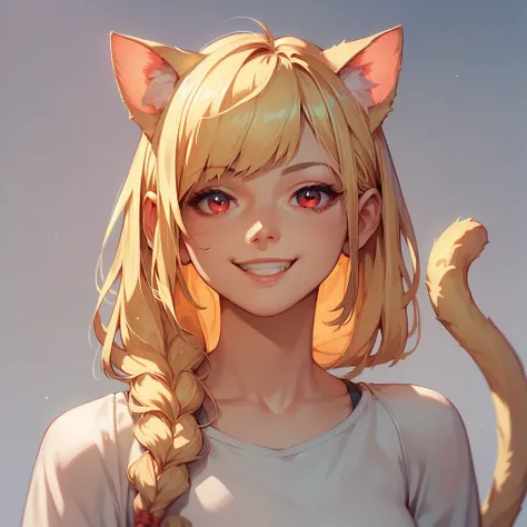 1 girl, Alone,  looking at the viewer , smile, Red Eyes, Cat ears, yellow hair,  hair over shoulder , Straight hair, Cat tail,  high resolution , anatomically correct, Details,  best quality, Simple background, full body view, front view,