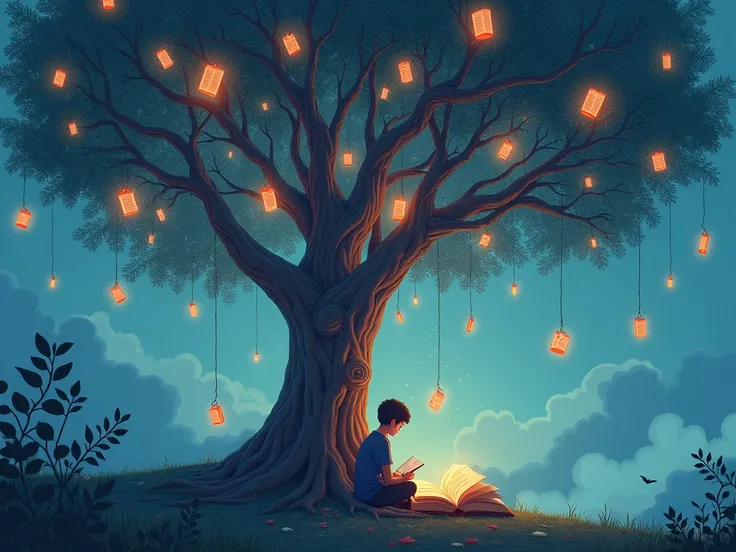 A tree with branches made of glowing books, symbolizing continuous growth and knowledge, with a person reading under it while more books float down from the sky.